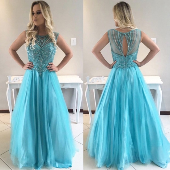 Blue Open Back Jewel Floor-Length Prom Dress with Beading - Click Image to Close