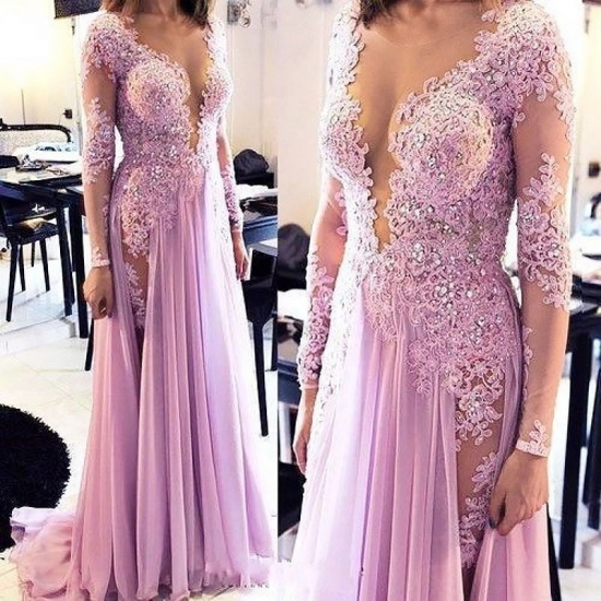 Long Prom Dress - Illusion Bateau Long Sleeves with Beading Appliques - Click Image to Close