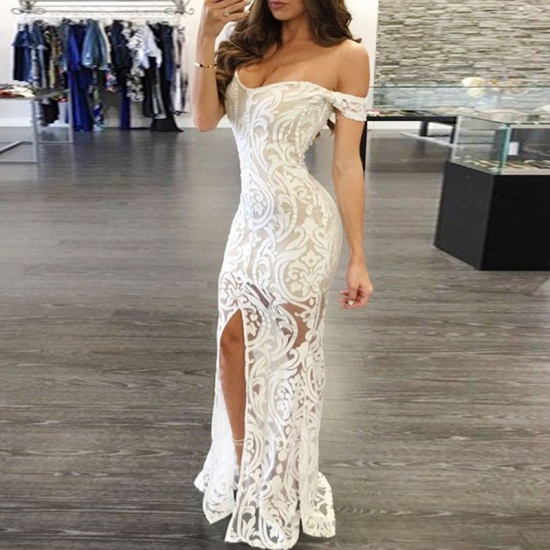 White Prom Dress - Sheath Off-the-Shoulder Long Lace with Split - Click Image to Close