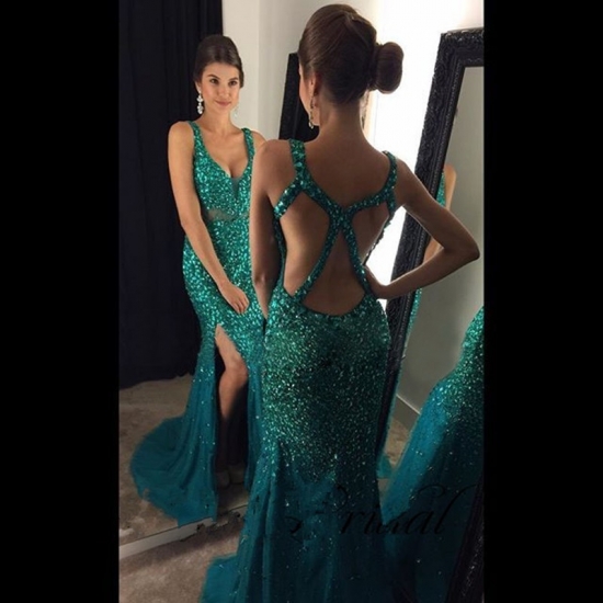 Sheath Scoop Open Back Turquoise Chiffon Prom Dress with Sequins Rhinestones - Click Image to Close