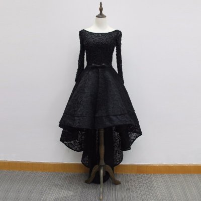 High Low Bateau Long Sleeves Black Lace Prom Dress with Beading Bowknot