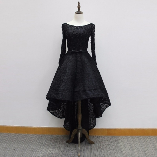 High Low Bateau Long Sleeves Black Lace Prom Dress with Beading Bowknot - Click Image to Close