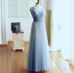 A-Line V-Neck Long Light Sky Blue Tulle Prom Dress with Beading