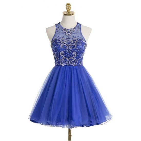 A-Line Jewel Short Sky Blue Tulle Prom Homecoming Dress with Beading Open Back - Click Image to Close