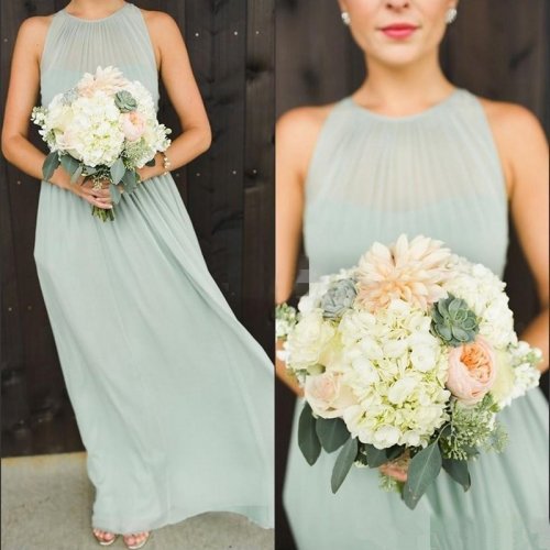 A-Line Round Neck Pleated Sage Chiffon Bridesmaid Dress Open Back