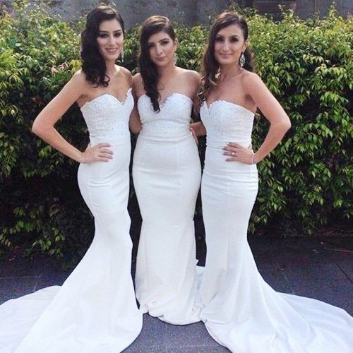 Mermaid Sweetheart Sweep Train White Elastic Satin Bridesmaid Dress with Lace