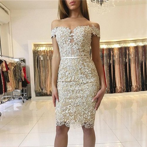 Sheath Off-the-Shoulder Light Champagne Lace Homecoming Dress with Sash