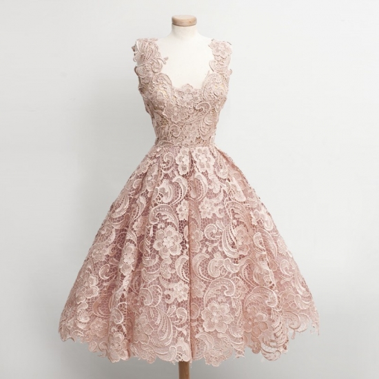 Ball Gown Scoop Knee-Length Pearl Pink Lace Hoco Dress - Click Image to Close