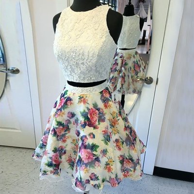 Two Piece Round Neck Short Ivory Printed Chiffon Homecoming Dress with Lace