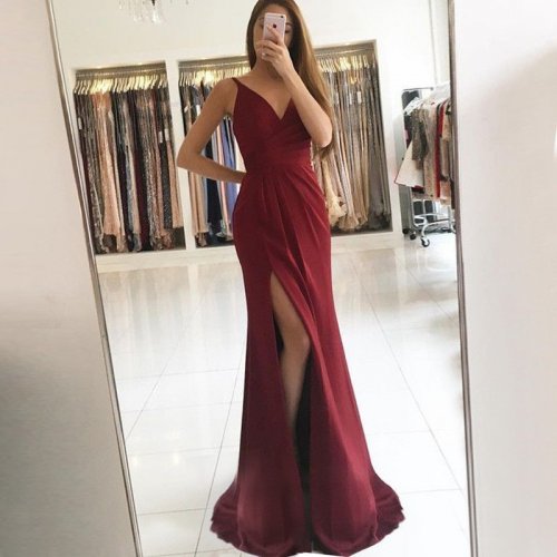 Sheath V-Neck Sweep Train Burgundy Elastic Satin Prom Dress with Split