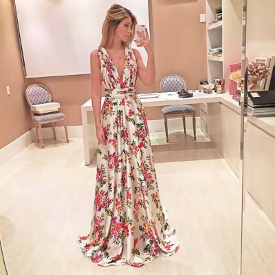 A-Line Deep V-Neck Long Ivory Floral Satin Prom Dress with Pleats