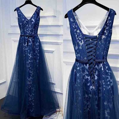 A-Line V-Neck Long Dark Blue Tulle Prom Dress with Sash Lace