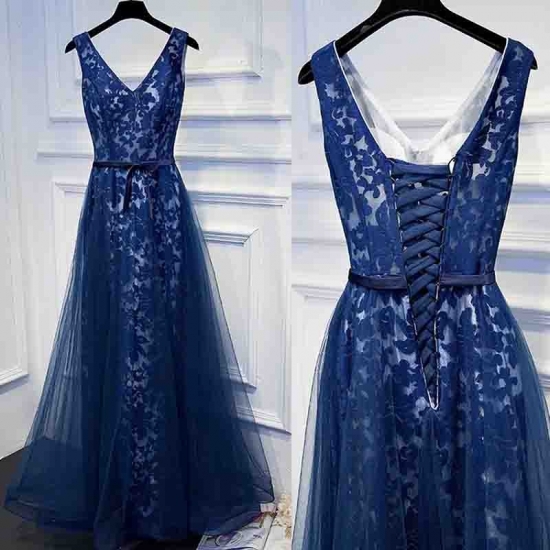 A-Line V-Neck Long Dark Blue Tulle Prom Dress with Sash Lace - Click Image to Close