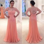 Sheath Round Neck 3/4 Sleeves Peach Chiffon Prom Dress with Lace