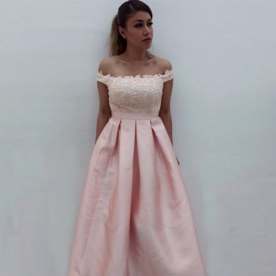 A-Line Off-the-Shoulder Pearl Pink Satin Prom Dress with Pockets Lace - Click Image to Close