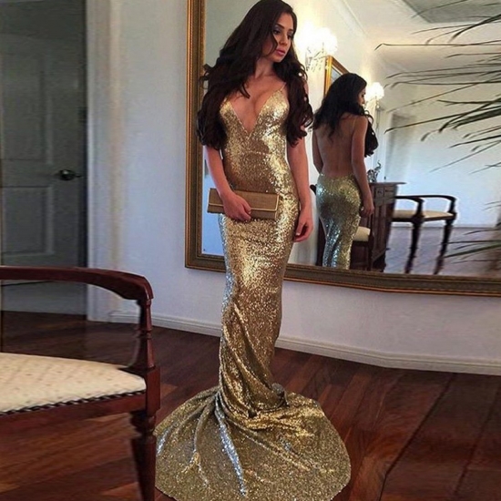 Mermaid Spaghetti Straps Backless Court Train Sequined Prom Dress - Click Image to Close