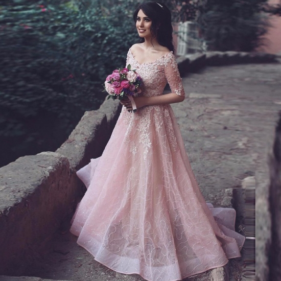 A-Line Off-the-Shoulder Half Sleeves Pink Prom Dress with Beading Appliques - Click Image to Close