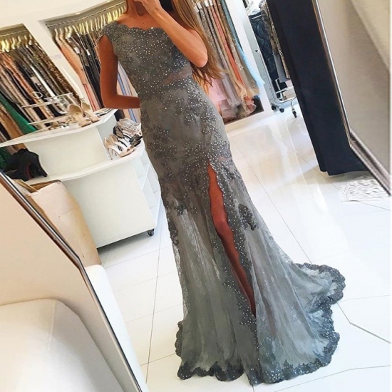 Sheath One Shoulder Grey Tulle Prom Dress with Beading Appliques Split - Click Image to Close