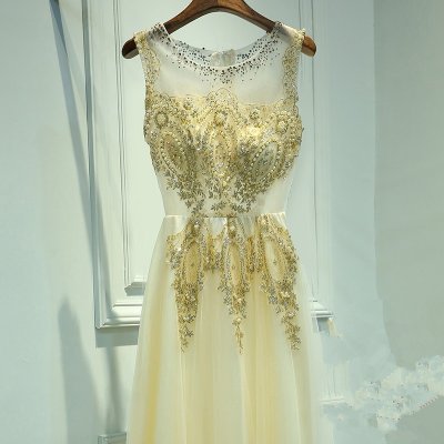 A-Line Jewel Light Yellow Chiffon Prom Dress with Beading Appliques Pearls
