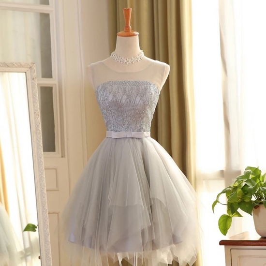 A-Line Bateau Asymmetrical Grey Homecoming Dress with Beading Bowknot - Click Image to Close