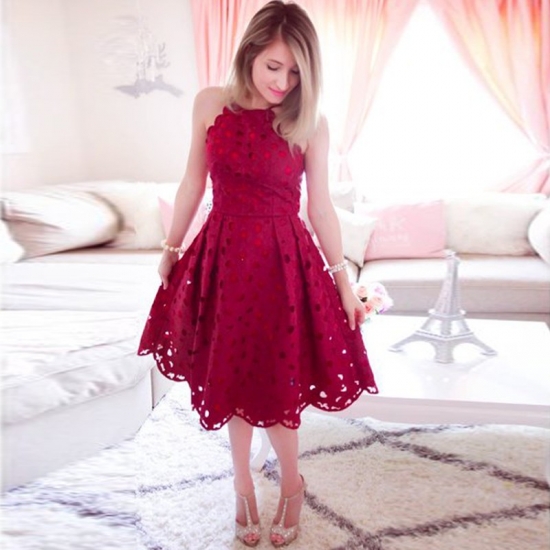 A-Line Spaghetti Straps Dark Red Lace Homecoming Dress with Hollow - Click Image to Close