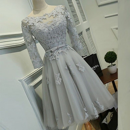 A-Line Bateau 3/4 Sleeves Short Grey Homecoming Dress with Sash Appliques - Click Image to Close