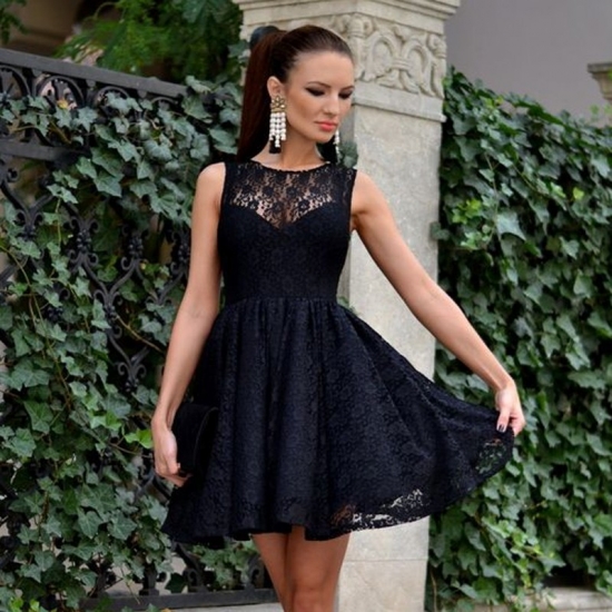A-Line Jewel Lace Little Black Dress - Click Image to Close