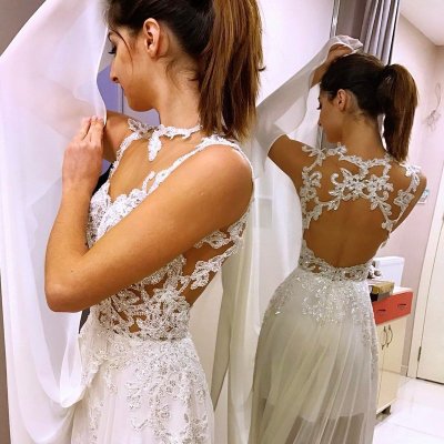 A-Line Illusion Jewel Open Back Chiffon Wedding Dress with Appliques