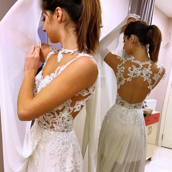 A-Line Illusion Jewel Open Back Chiffon Wedding Dress with Appliques - Click Image to Close