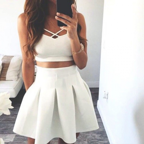 Two Piece Spaghetti Straps Short White Satin Homecoming Dress with Pockets - Click Image to Close
