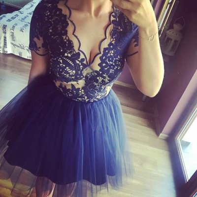 A-Line V-Neck Short Sleeves Dark Blue Tulle Homecoming Dress with Lace