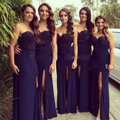 Sheath Sweetheart Floor-Length Navy Blue Bridesmaid Dress with Appliques