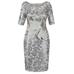 Bodycon Bateau Short Sleeves Silver Floral Satin Mother of The Bride Dress