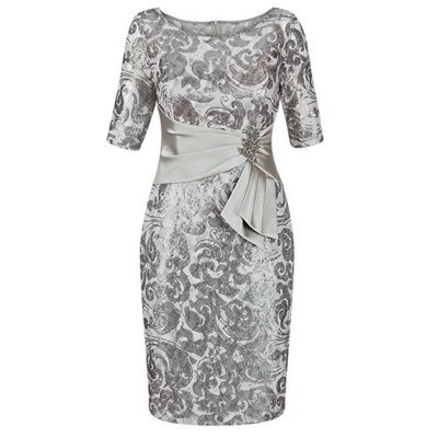 Bodycon Bateau Short Sleeves Silver Floral Satin Mother of The Bride Dress