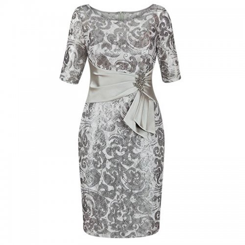 Bodycon Bateau Short Sleeves Silver Floral Satin Mother of The Bride Dress