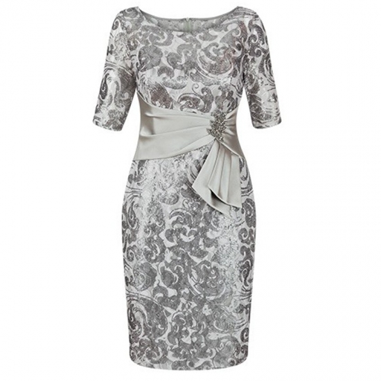 Bodycon Bateau Short Sleeves Silver Floral Satin Mother of The Bride Dress - Click Image to Close