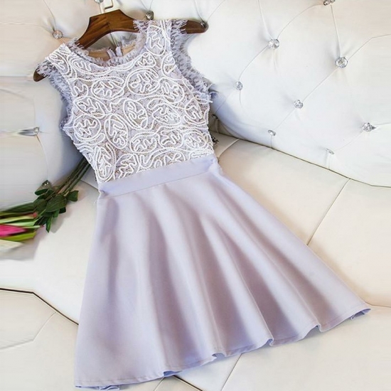 A-Line Jewel Short Lilac Elastic Satin Homecoming Dress with Lace - Click Image to Close