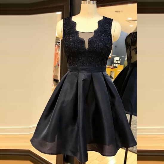 A-Line Scoop Short Dark Navy Organza Homecoming Dress with Lace Appliques - Click Image to Close