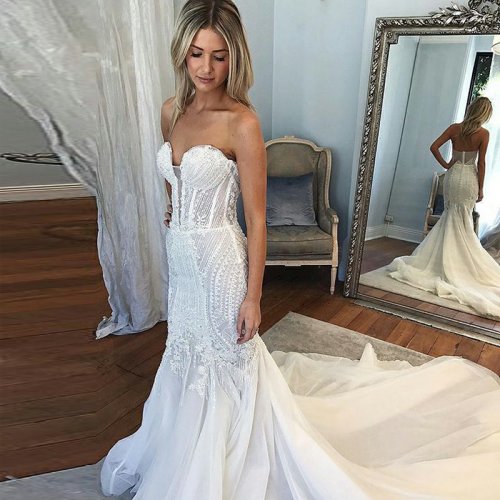 Mermaid Sweetheart Court Train Tulle Wedding Dress with Lace