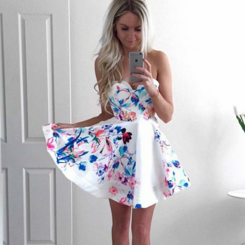 A-Line Sweetheart Short White Floral Satin Homecoming Dress