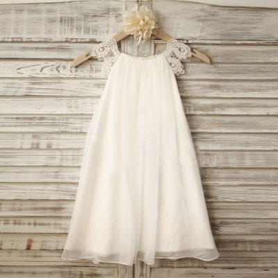 A-Line Scoop Tea-Length White Chiffon Flower Girl Dress with Lace