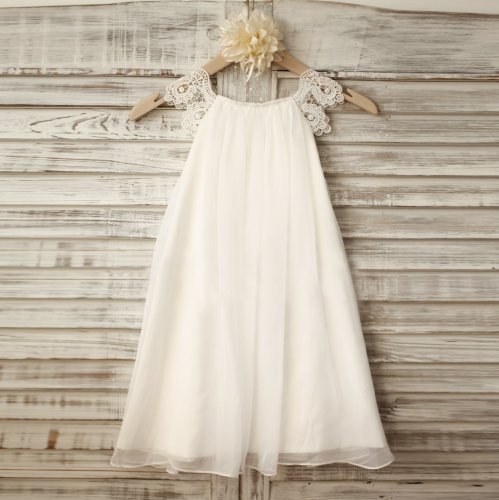 A-Line Scoop Tea-Length White Chiffon Flower Girl Dress with Lace