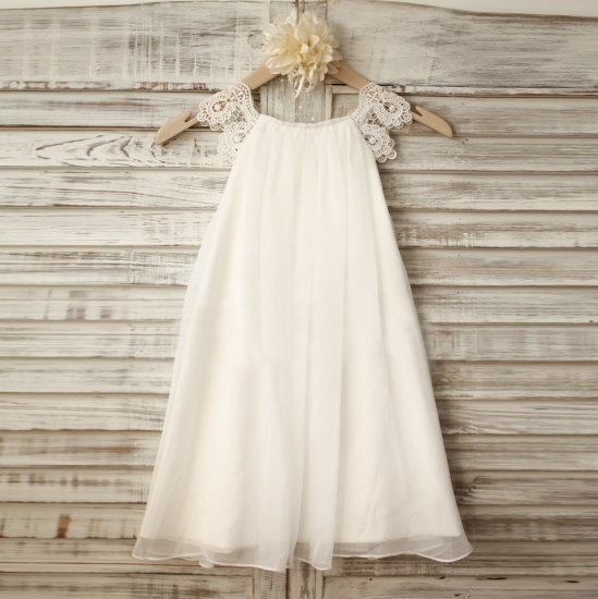 A-Line Scoop Tea-Length White Chiffon Flower Girl Dress with Lace - Click Image to Close