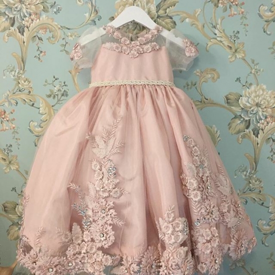 A-Line Round Neck Open Back Blush Tulle Flower Girl Dress with Appliques - Click Image to Close
