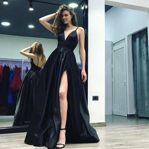 A-Line V-Neck Floor-Length Black Satin Prom Dress with Split