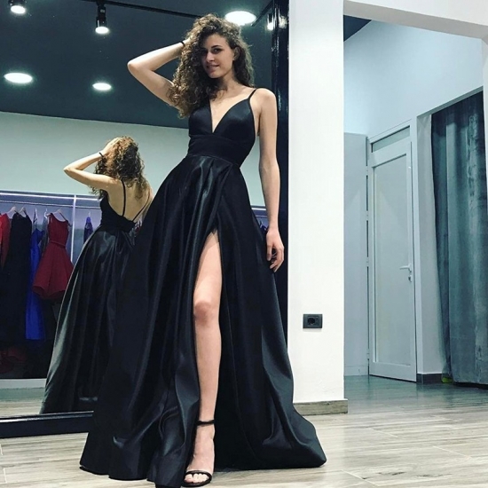 A-Line V-Neck Floor-Length Black Satin Prom Dress with Split - Click Image to Close