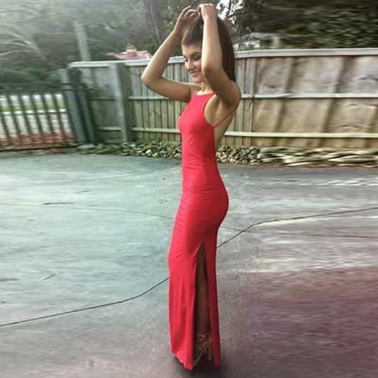 Sheath Jewel Backless Floor-Length Red Prom Dress with Split - Click Image to Close