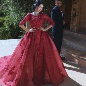 A-Line Bateau 3/4 Sleeves Court Train Dark Red Prom Dress with Appliques