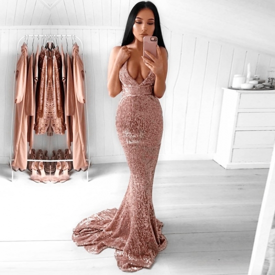 Mermaid Spaghetti Straps Backless Sweep Train Rose Pink Sequined Prom Dress - Click Image to Close