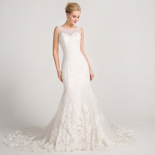 Mermaid Bateau Court Train Wedding Dress with Beading Appliques